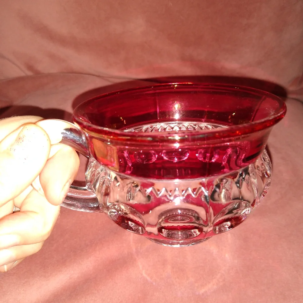 4 Cups Heavy Vintage Kings Crown Ruby Red Flash Thumbprint Coffee Cup Set Tiffin